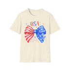 USA Patriotic Bow Tee, Red White Blue Fireworks Shirt, Cute American Pride Graphic Top, Fourth of July Celebration Outfit T-Shirt