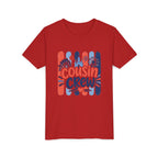 Cousin Crew Patriotic Tee, Red White Blue Brushstroke Shirt, Fun USA Family Graphic Top, Fourth of July Celebration Outfit Youth Short Sleeve Tee