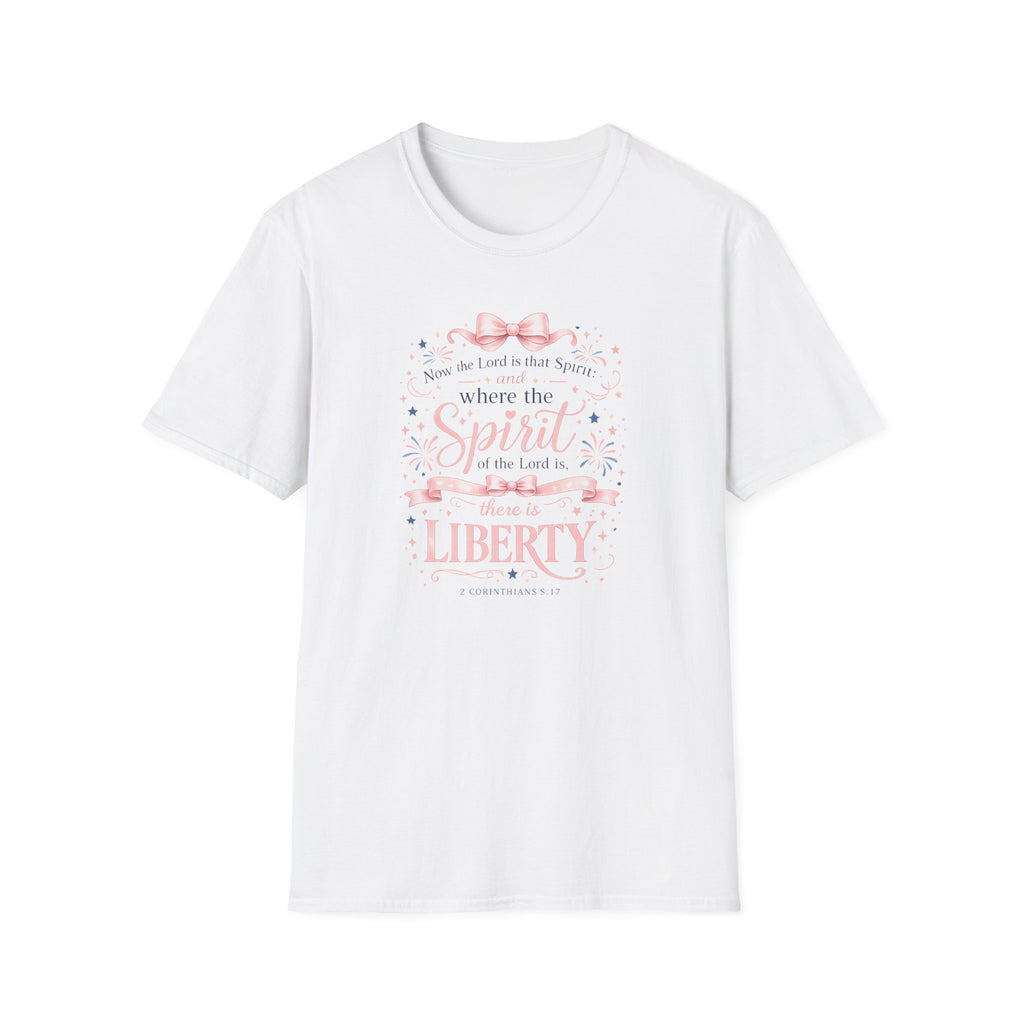 Where The Spirit Of The Lord Is Liberty T-Shirt | Christian Bible Verse Graphic Tee, Pink Coquette Ribbon Bow Top