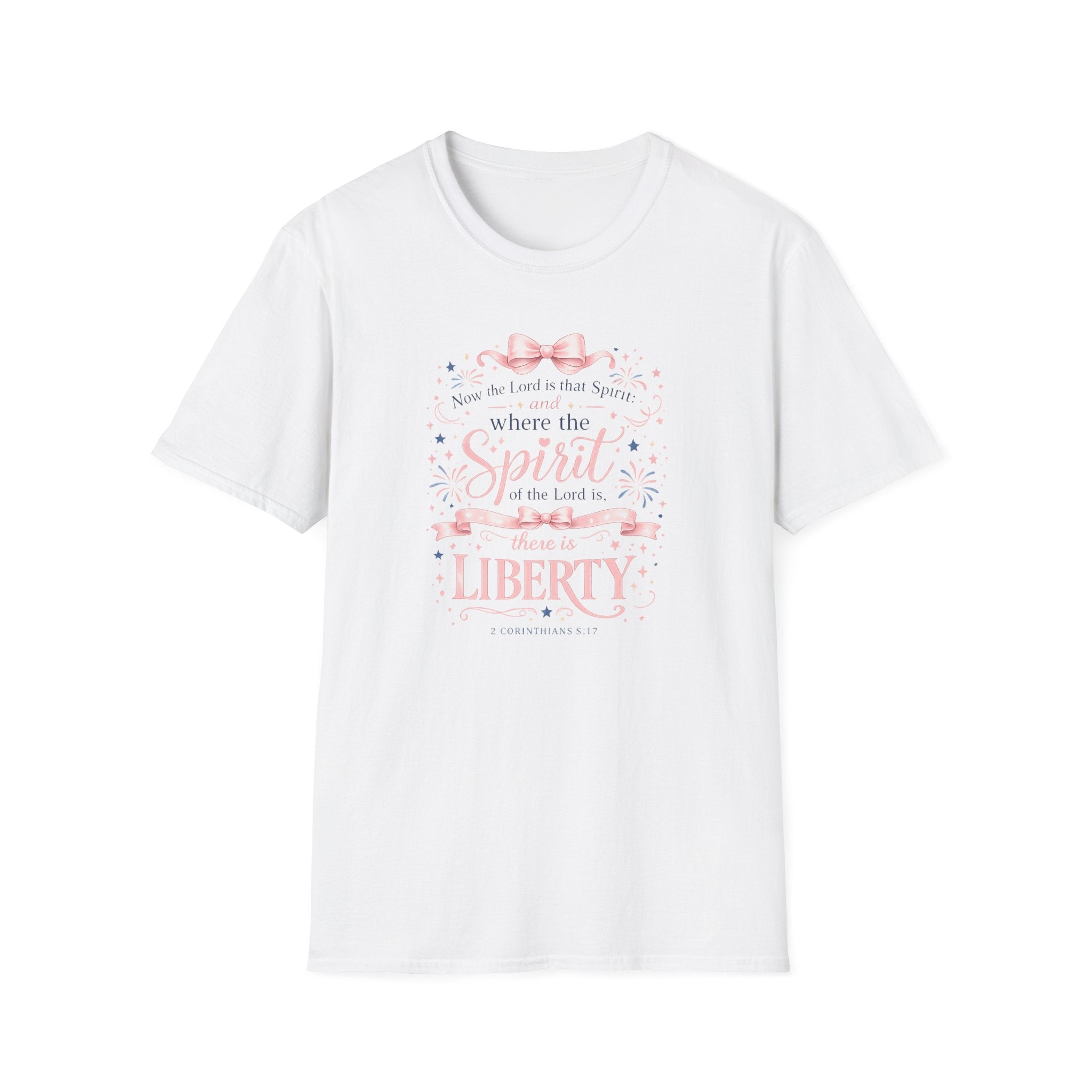 Where The Spirit Of The Lord Is Liberty T-Shirt | Christian Bible Verse Graphic Tee, Pink Coquette Ribbon Bow Top