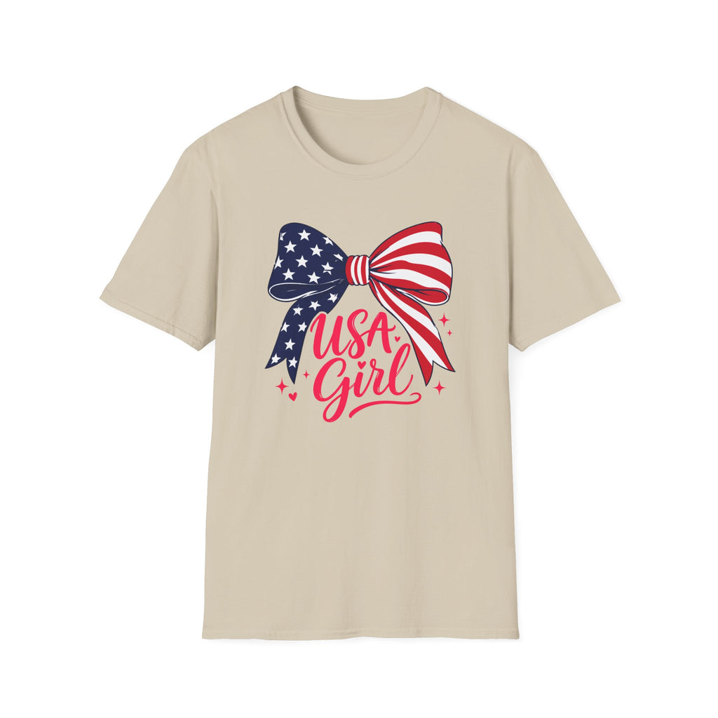 USA Girl T-Shirt, Coquette Flag Bow Pink Script Tee, 4th of July Girl Shirt Women Teens, Stars Stripes Bow Sparkle Patriotic Gift, Cute Pink Script Independence Day Tee