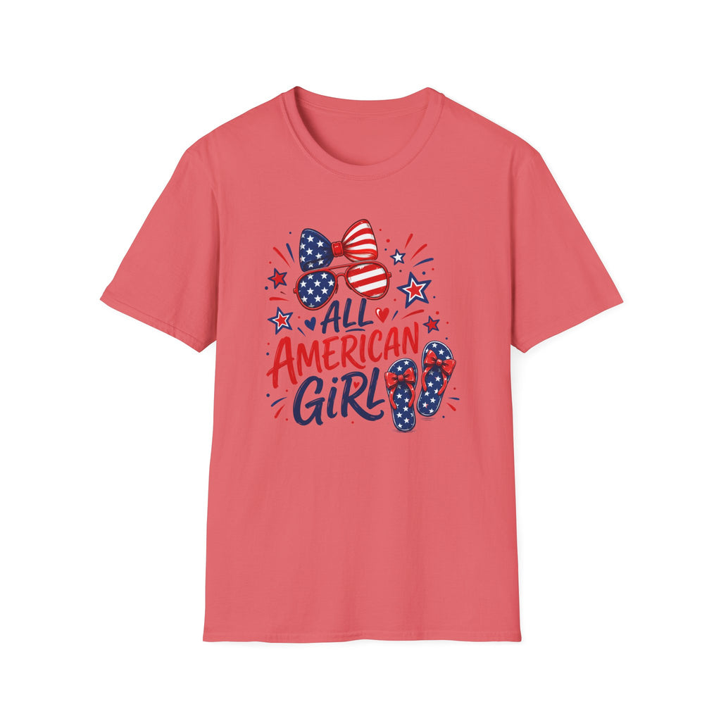 All American Girl Tee, Patriotic Bow Flip Flops Shirt, Red White Blue Graphic Top, Cute USA Fourth of July Outfit T-Shirt