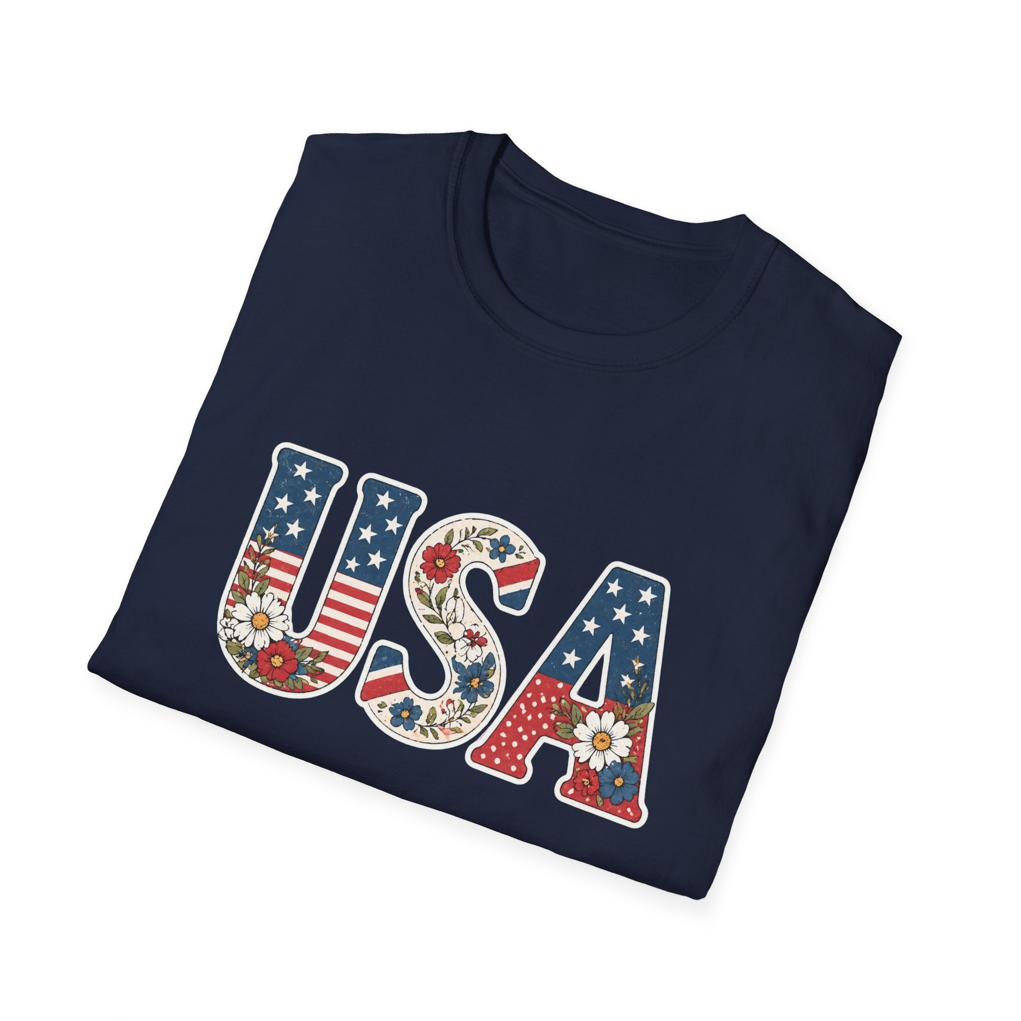 Floral USA T-Shirt, Cottagecore Patriotic Flower Letter Tee, 4th of July Wildflower America Shirt, Stars Stripes Daisy Poppy Gift, Vintage Botanical