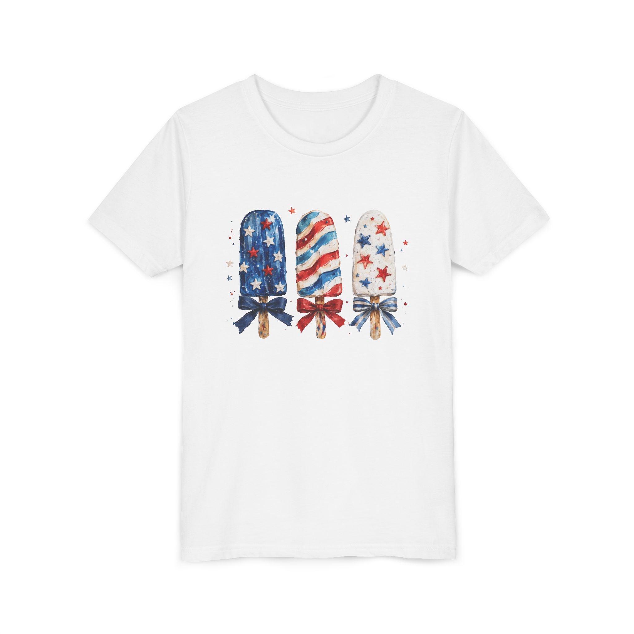 Patriotic Popsicle Trio Tee, Red White Blue Bow Shirt, Cute USA Summer Graphic Top, Fourth of July Celebration Outfit Youth Short Sleeve Tee