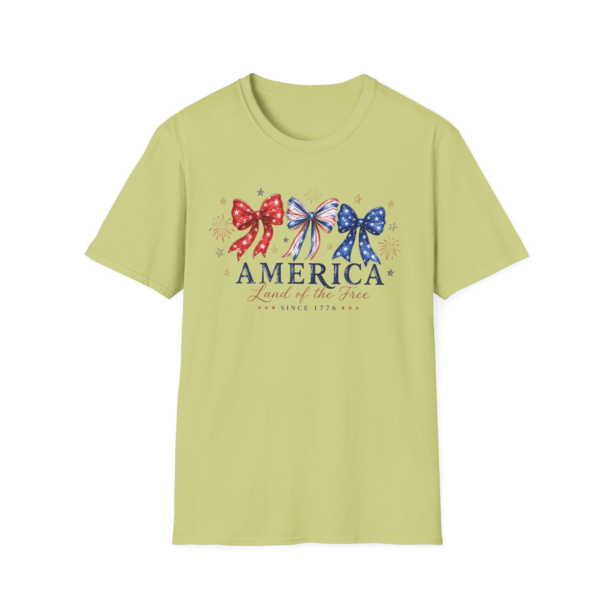 America Land of the Free Graphic Tee - Patriotic 4th of July Coquette Bow T-Shirt