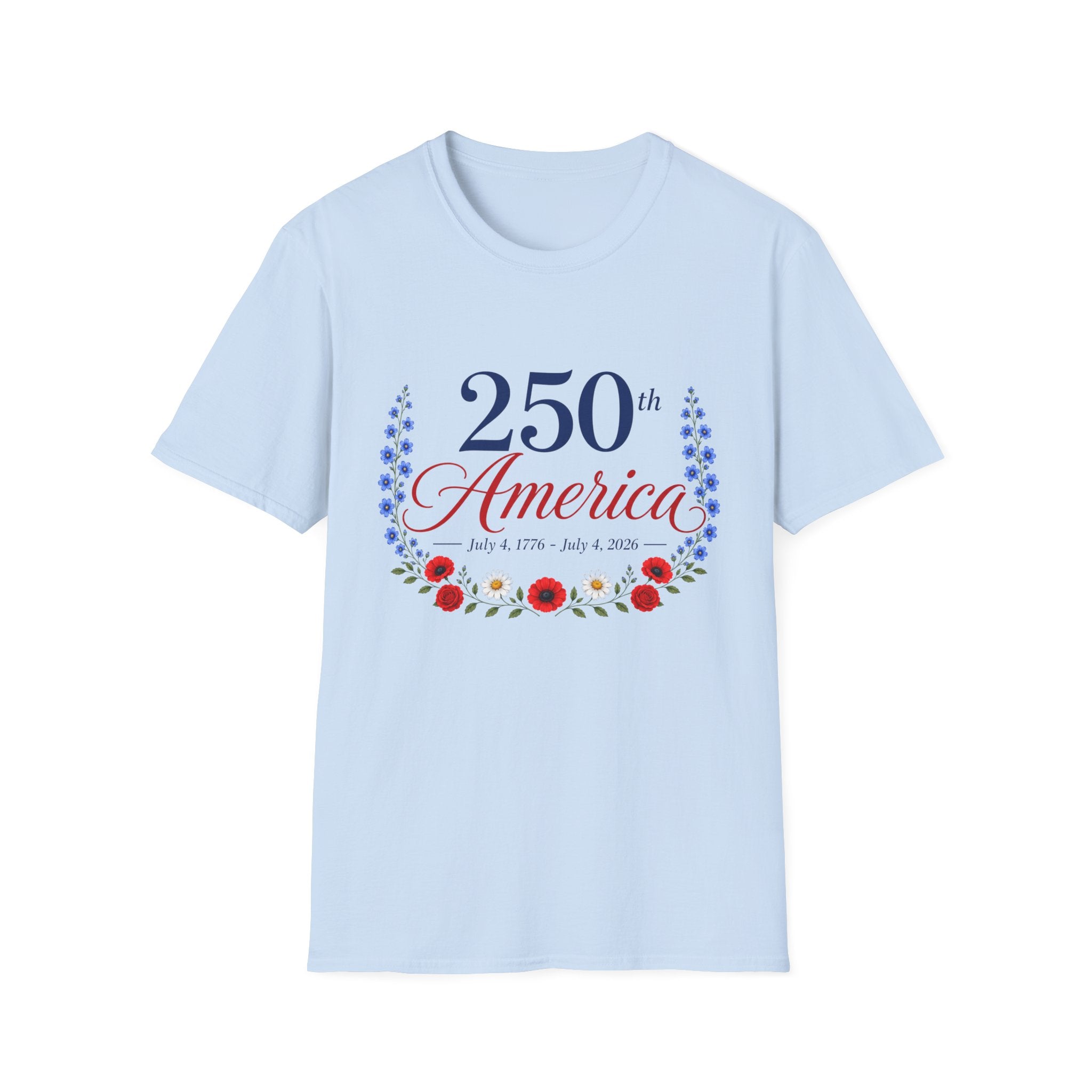 250th America Floral T-Shirt, July 4 1776 2026 Anniversary Tee, Patriotic Flower Shirt, America 250th Birthday Gift, Cottagecore 4th of July Tee