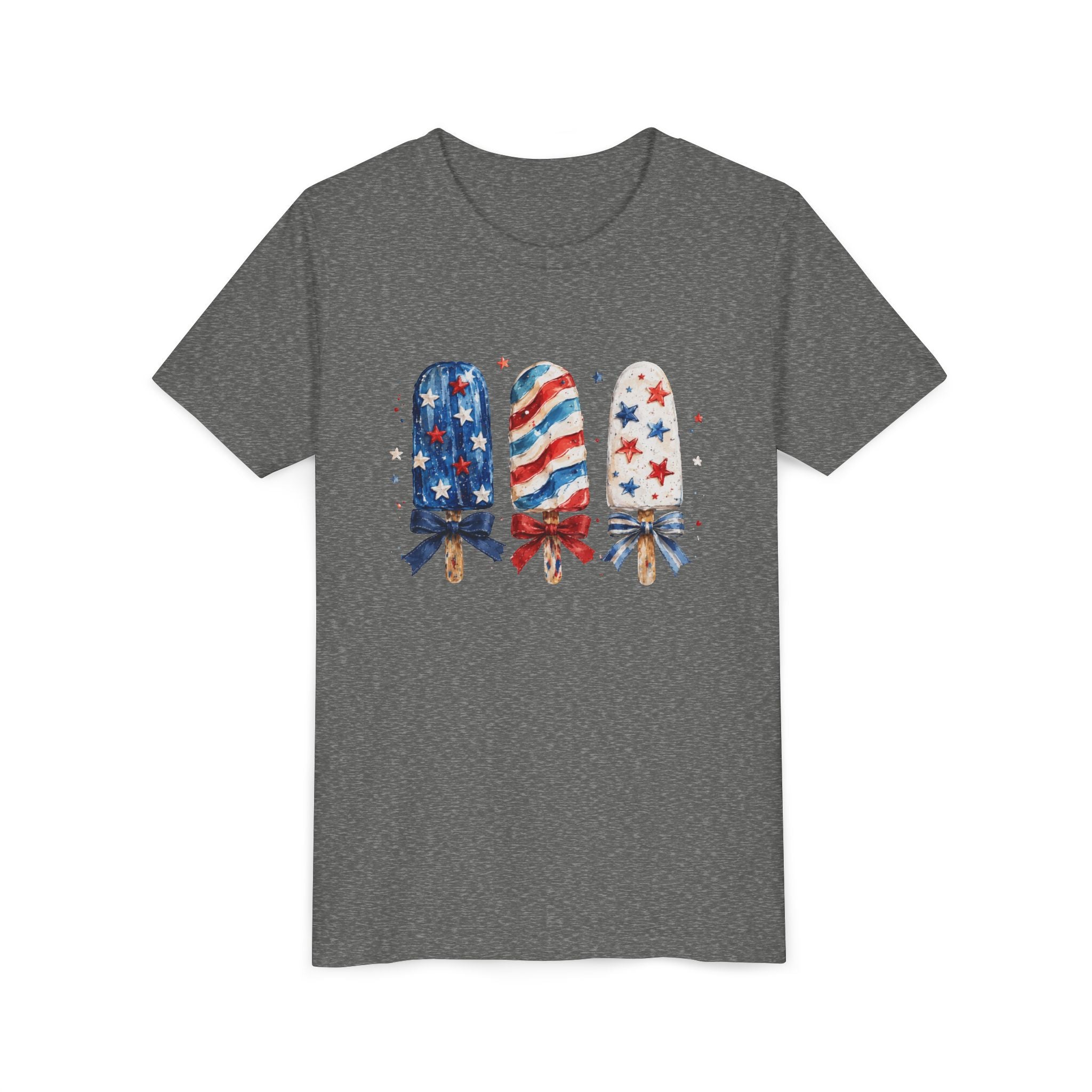 Patriotic Popsicle Trio Tee, Red White Blue Bow Shirt, Cute USA Summer Graphic Top, Fourth of July Celebration Outfit Youth Short Sleeve Tee