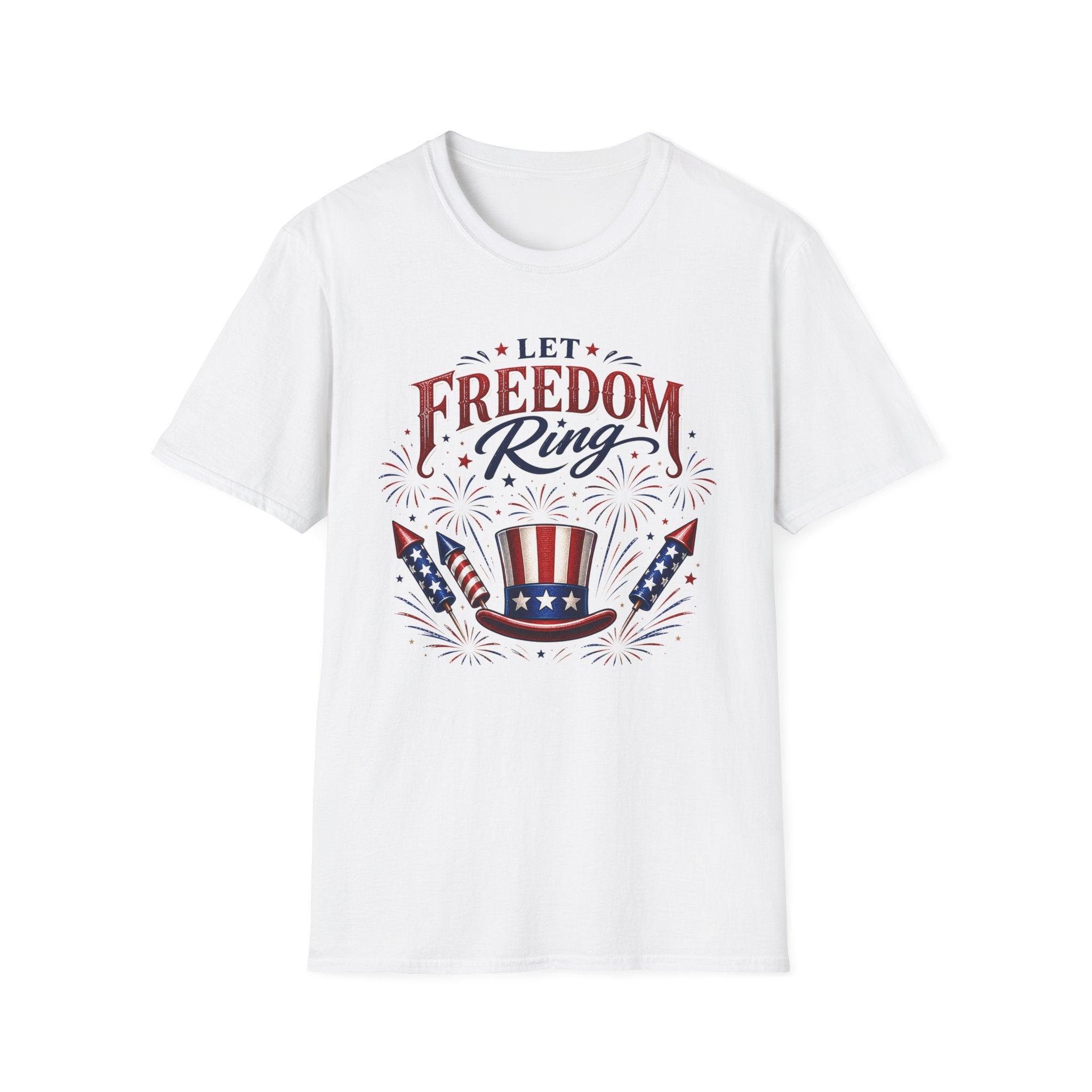 Let Freedom Ring T-Shirt | Patriotic Uncle Sam Hat Graphic Tee, Fourth Of July Charcoal Fireworks Top