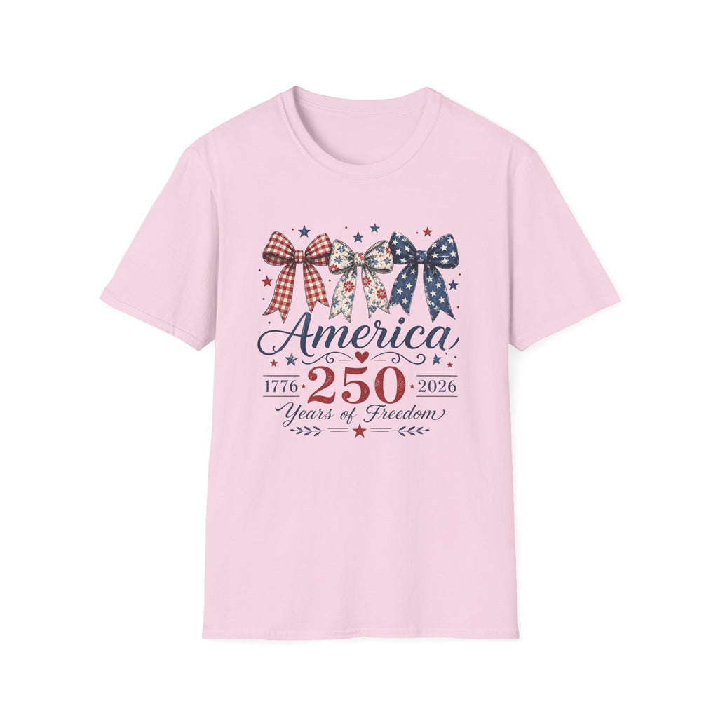 America 250 Years Of Freedom T-Shirt | Patriotic Coquette Ribbon Bow Graphic Tee, 1776 2026 Semiquincentennial Top
