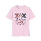 America 250 Years Of Freedom T-Shirt | Patriotic Coquette Ribbon Bow Graphic Tee, 1776 2026 Semiquincentennial Top