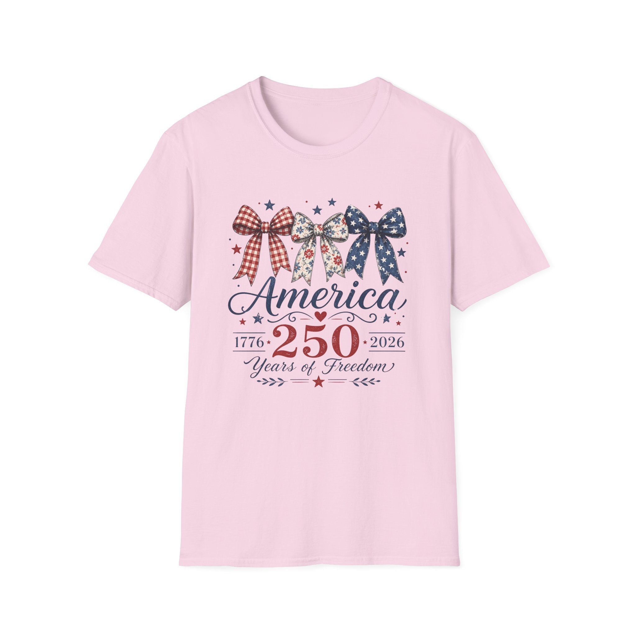 America 250 Years Of Freedom T-Shirt | Patriotic Coquette Ribbon Bow Graphic Tee, 1776 2026 Semiquincentennial Top