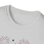 Fourth of July Beach Scene T-Shirt, Patriotic Summer Ocean Surfboard Tee, 4th of July Beach Vacation Shirt, Fireworks Umbrella Surfboard America