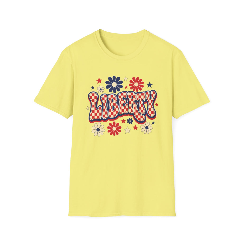 Liberty Retro USA Tee, Vintage Red White Blue Shirt, Patriotic Floral Graphic Top, Fourth of July Celebration Outfit Unisex Softstyle T-Shirt
