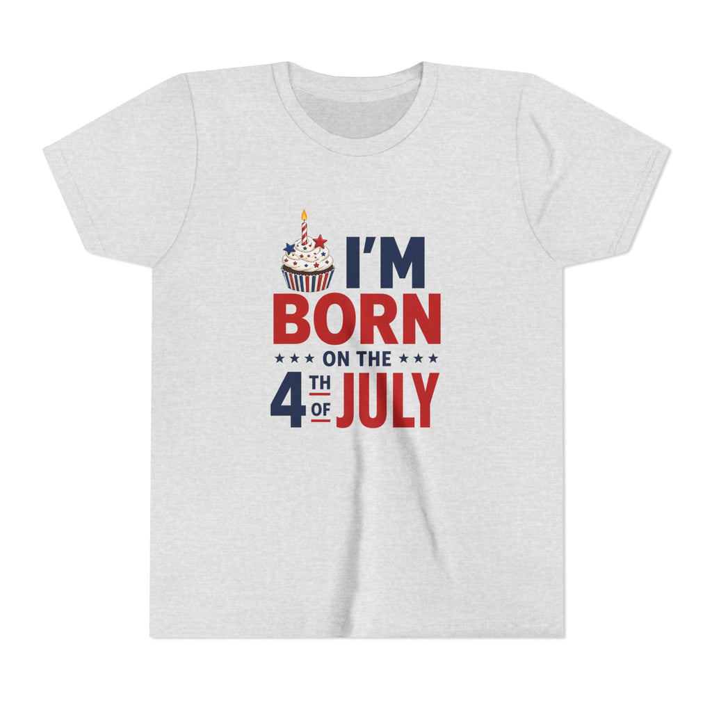 Born on the 4th of July Tee, Patriotic Birthday USA Shirt, Red White Blue Cupcake Graphic Top, Independence Day Celebration Outfit Youth Short Sleeve Tee