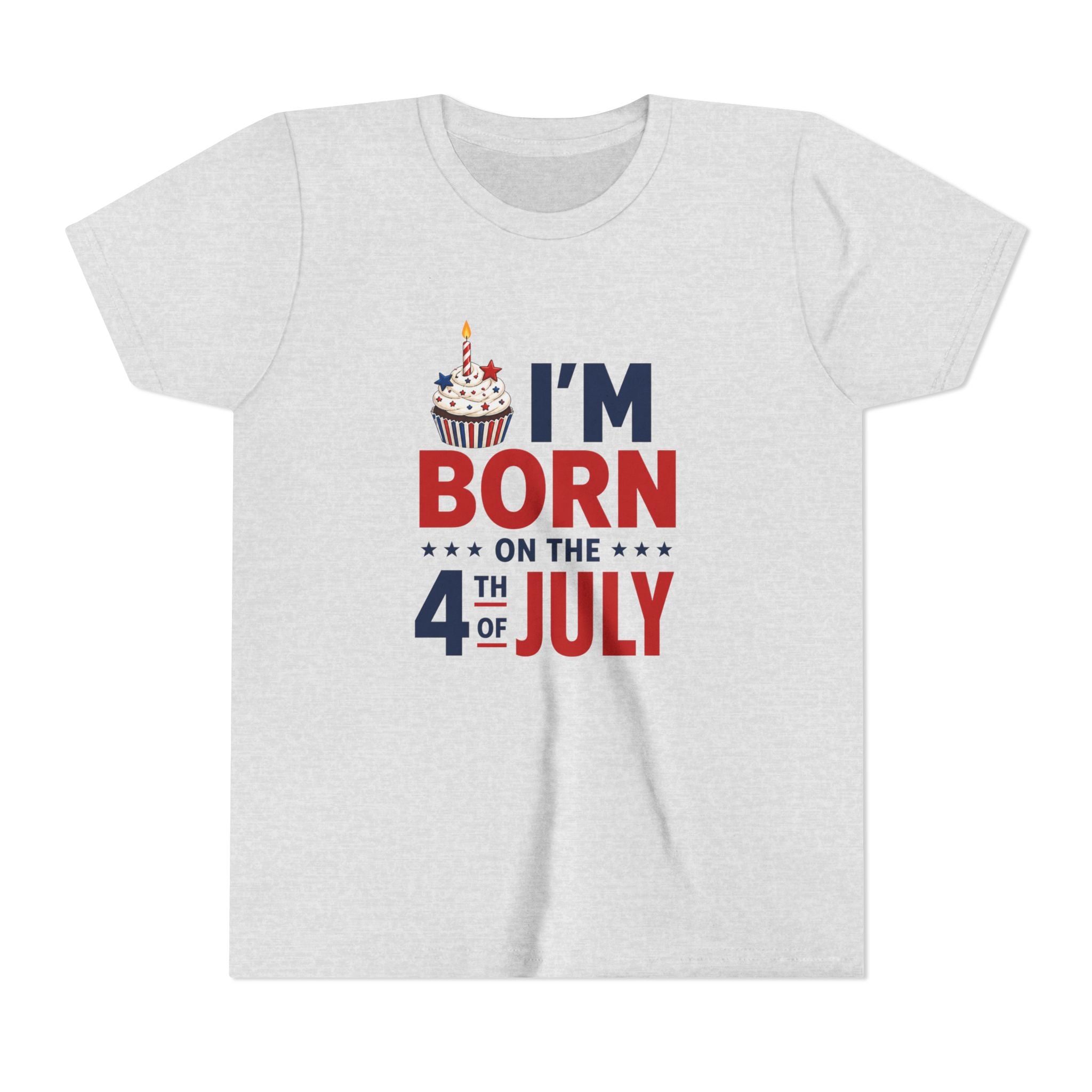 Born on the 4th of July Tee, Patriotic Birthday USA Shirt, Red White Blue Cupcake Graphic Top, Independence Day Celebration Outfit Youth Short Sleeve Tee