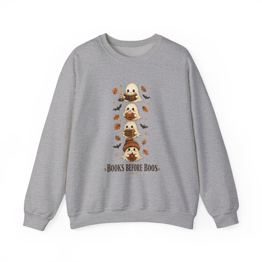 "Books Before Boos" Cute Halloween Ghost Stack Crewneck Sweatshirt