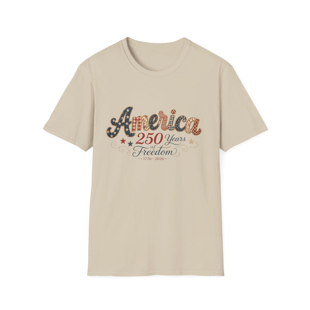 America 250 Years of Freedom Patchwork Shirt, Retro Patriotic Script Tee 1776 2026, 4th of July Vintage Americana T-Shirt, Gingham Stars Scrollwork Anniversary