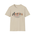 America 250 Years of Freedom Patchwork Shirt, Retro Patriotic Script Tee 1776 2026, 4th of July Vintage Americana T-Shirt, Gingham Stars Scrollwork Anniversary