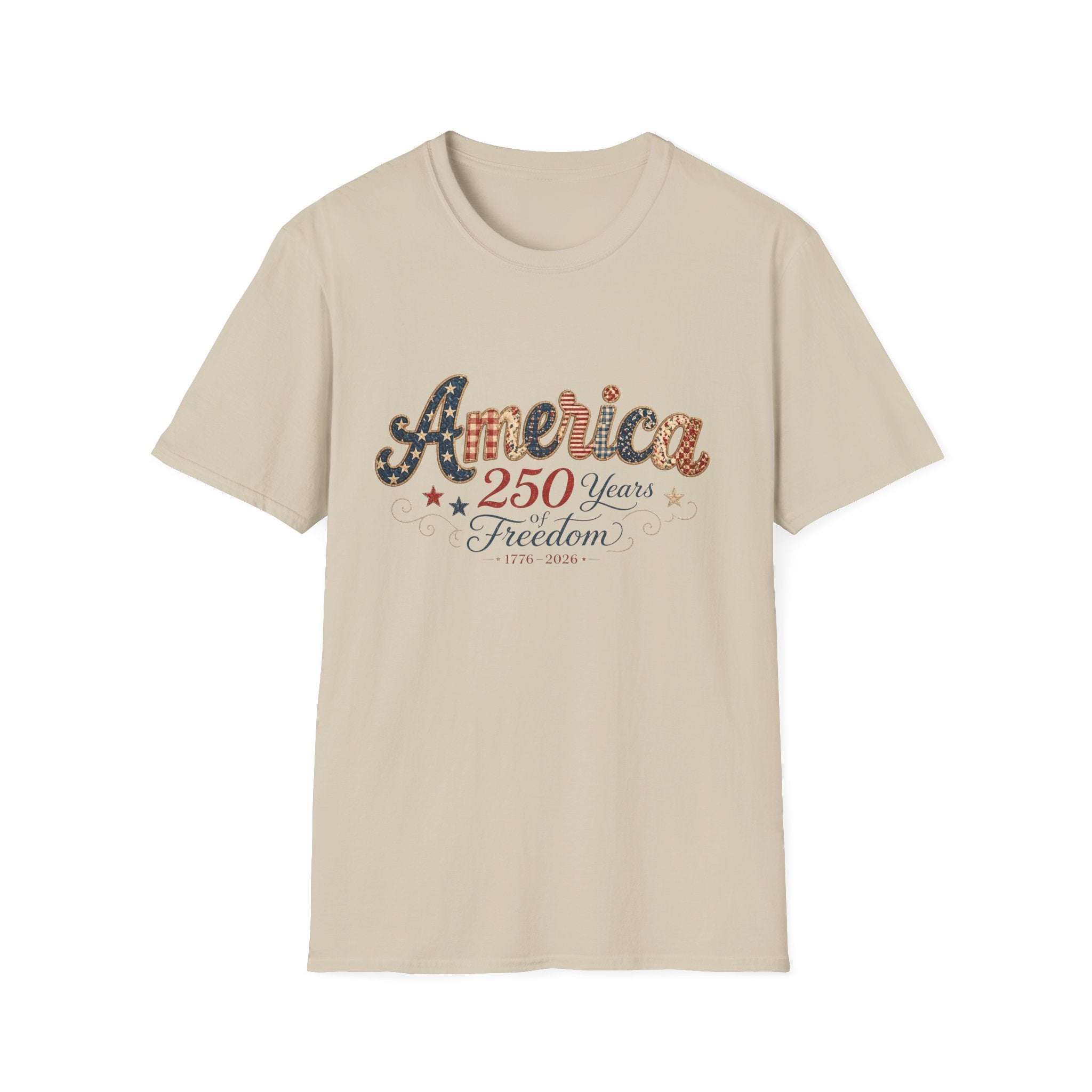 America 250 Years of Freedom Patchwork Shirt, Retro Patriotic Script Tee 1776 2026, 4th of July Vintage Americana T-Shirt, Gingham Stars Scrollwork Anniversary