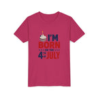 Born on the 4th of July Tee, Patriotic Birthday USA Shirt, Red White Blue Cupcake Graphic Top, Independence Day Celebration Outfit Youth Short Sleeve Tee