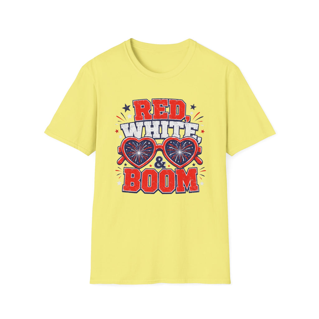 Red White Boom Sunglasses Shirt, Funny Patriotic Heart Glasses Firework Tee, 4th of July Pun Party T-Shirt, Retro Boom America Celebration Gift