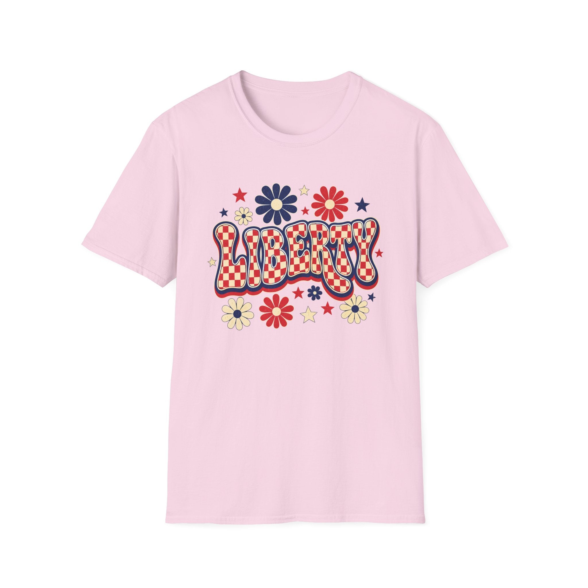 Liberty Retro USA Tee, Vintage Red White Blue Shirt, Patriotic Floral Graphic Top, Fourth of July Celebration Outfit Unisex Softstyle T-Shirt