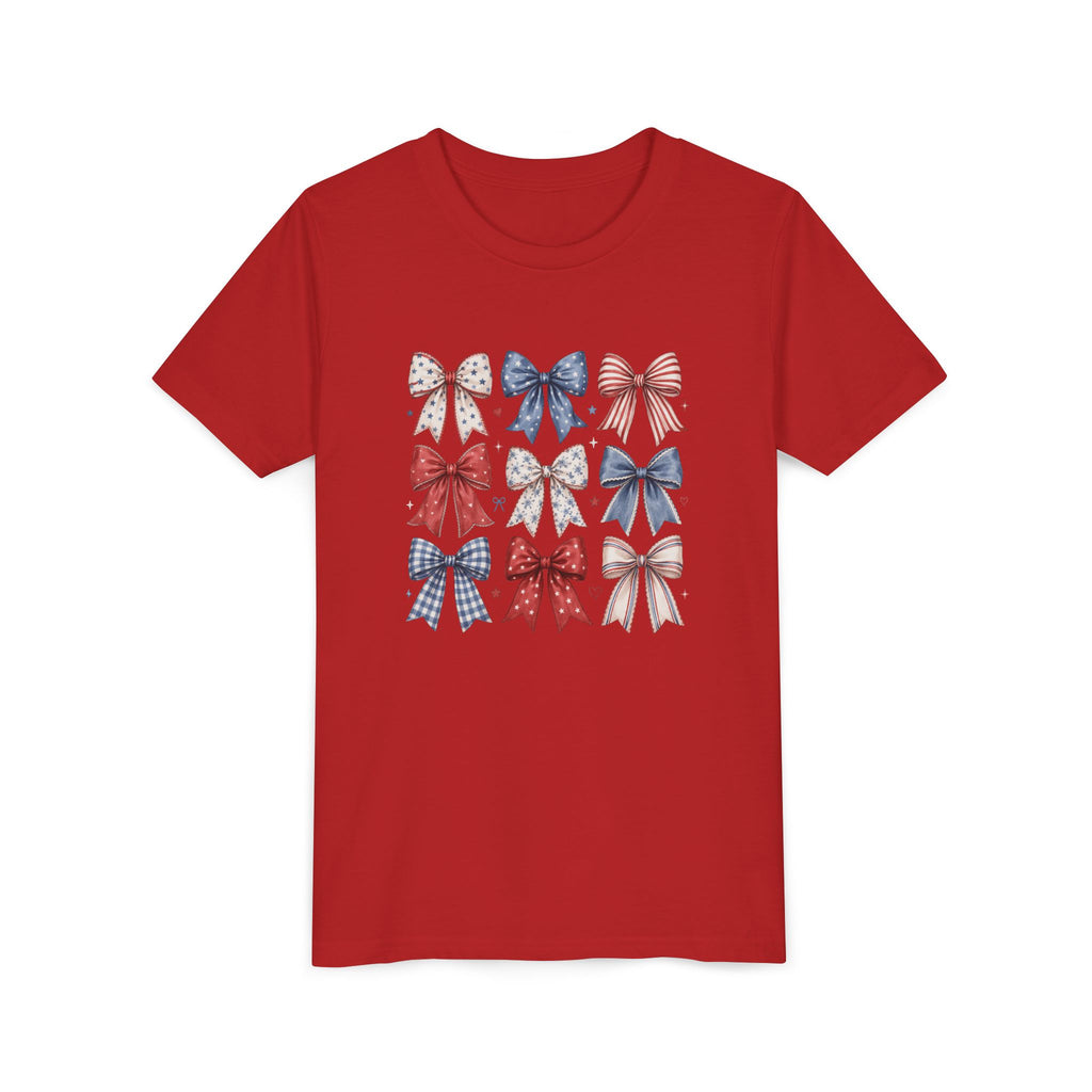 Patriotic Bow Grid Tee, Red Blue Checkered Ribbon Shirt, Cute USA Graphic Top, Fourth of July Celebration Outfit Youth Short Sleeve Tee