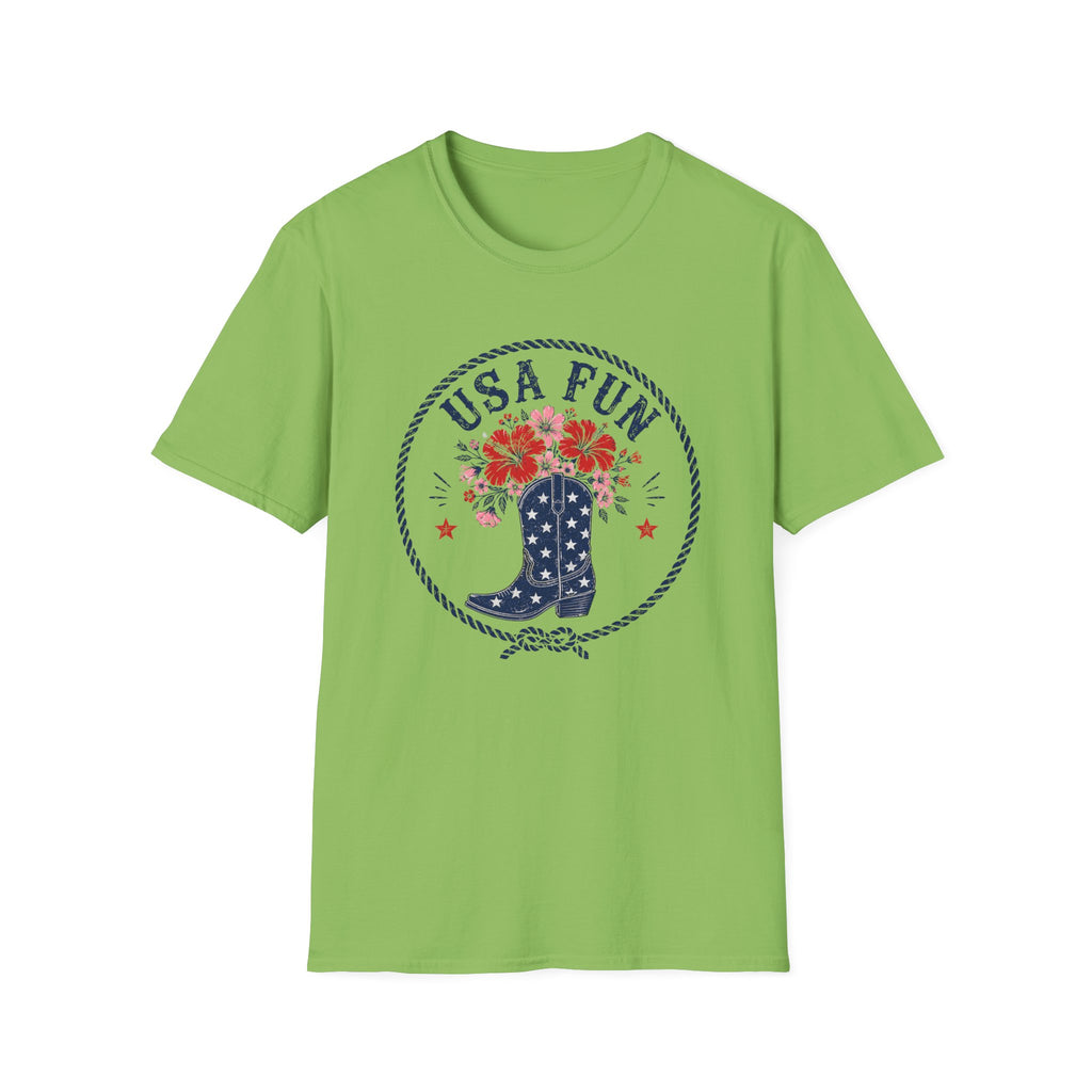 USA Fun Floral Cowboy Boot T-Shirt, Western Patriotic Hibiscus Boot Tee, Country 4th of July Rope Circle Shirt, Star Boot Wildflower America Gift