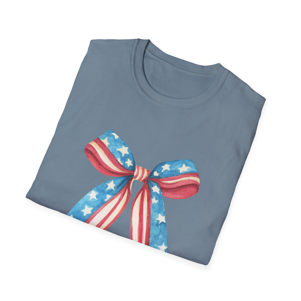 Coquette Patriotic Bow Shirt, 4th of July Women's T-Shirt, American Flag Bow Tee, USA Watercolor Bow, Stars and Stripes Shirt, Independence Day Gift