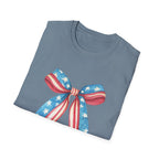 Coquette Patriotic Bow Shirt, 4th of July Women's T-Shirt, American Flag Bow Tee, USA Watercolor Bow, Stars and Stripes Shirt, Independence Day Gift