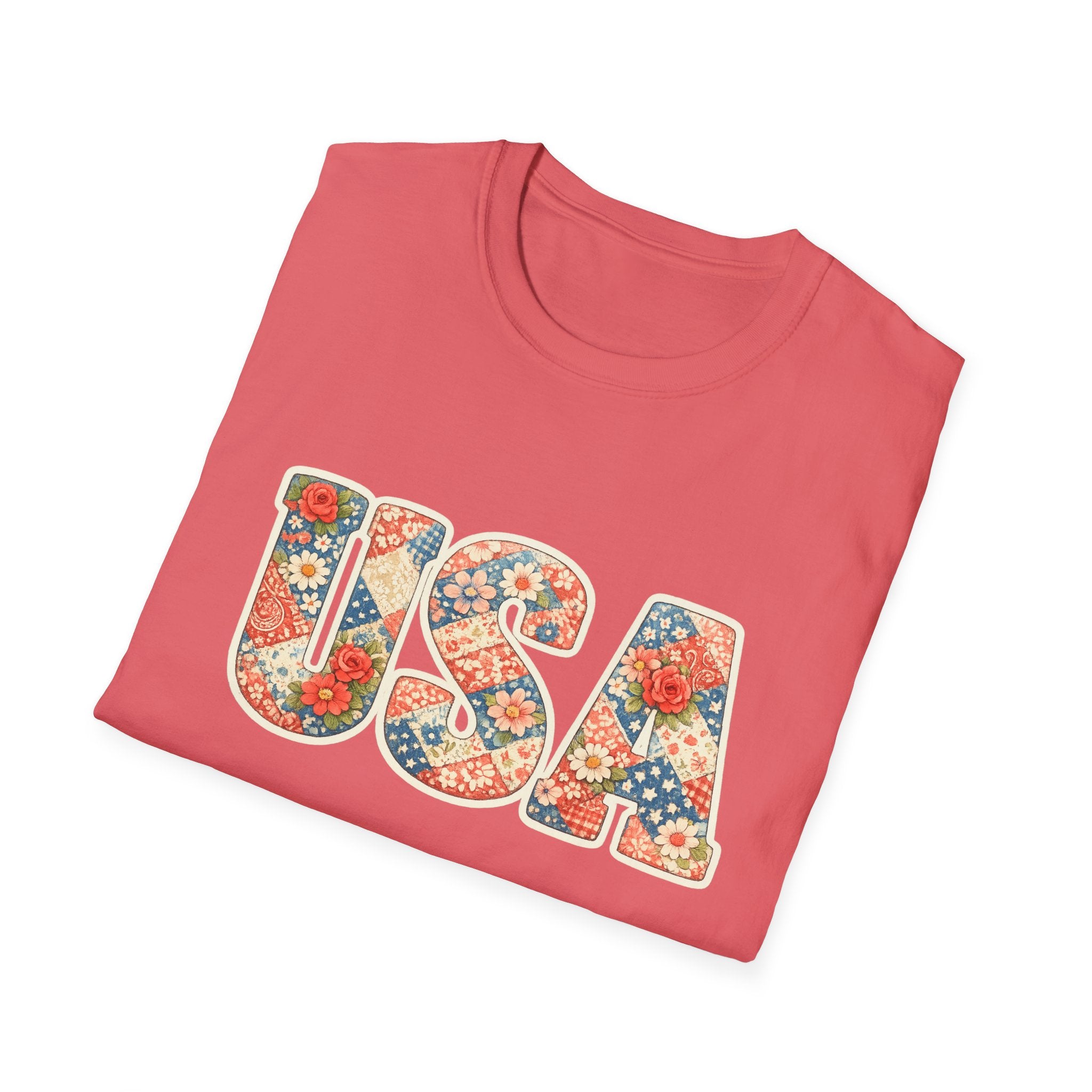 Quilted Patchwork USA T-Shirt, Vintage Floral Rose Daisy America Tee, Cottagecore Patriotic Letter Shirt, 4th of July Grandma Quilt Style