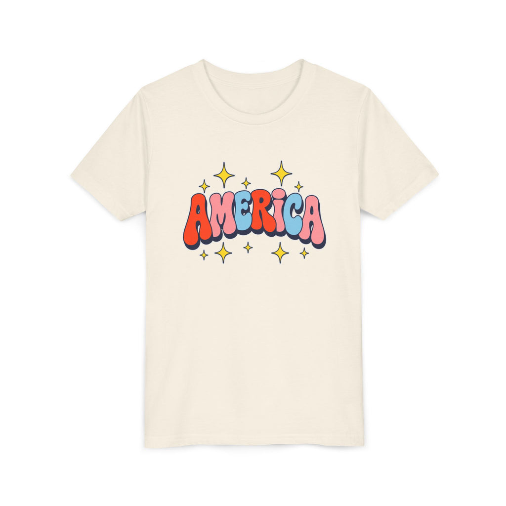 America Bubble Letters Tee, Patriotic Red Blue Graphic Shirt, Cute USA Star Design Top, Fourth of July Celebration Outfit Youth Short Sleeve Tee