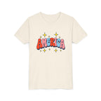 America Bubble Letters Tee, Patriotic Red Blue Graphic Shirt, Cute USA Star Design Top, Fourth of July Celebration Outfit Youth Short Sleeve Tee