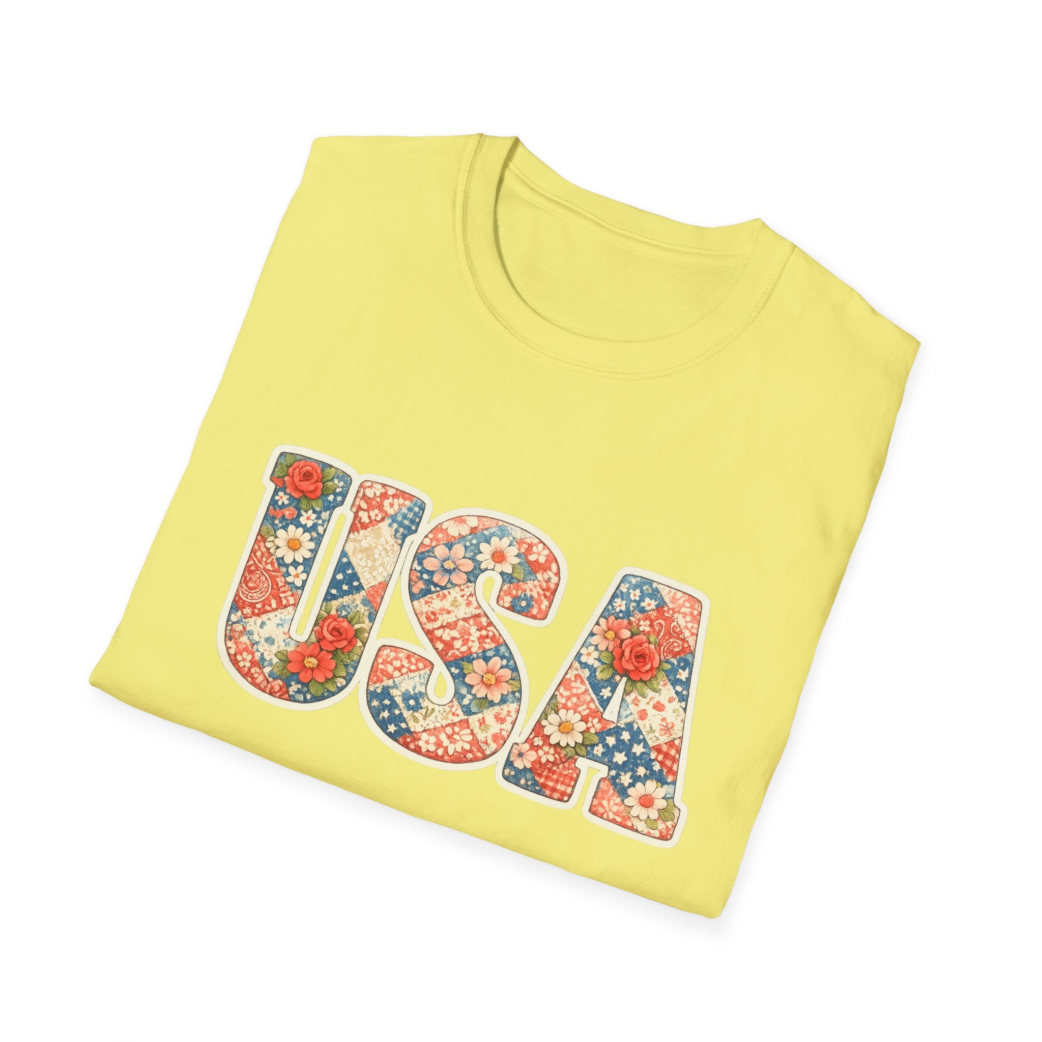 USA Floral Patchwork T-Shirt | Patriotic Block Lettering Graphic Tee, Fourth Of July Vintage Cottagecore Top