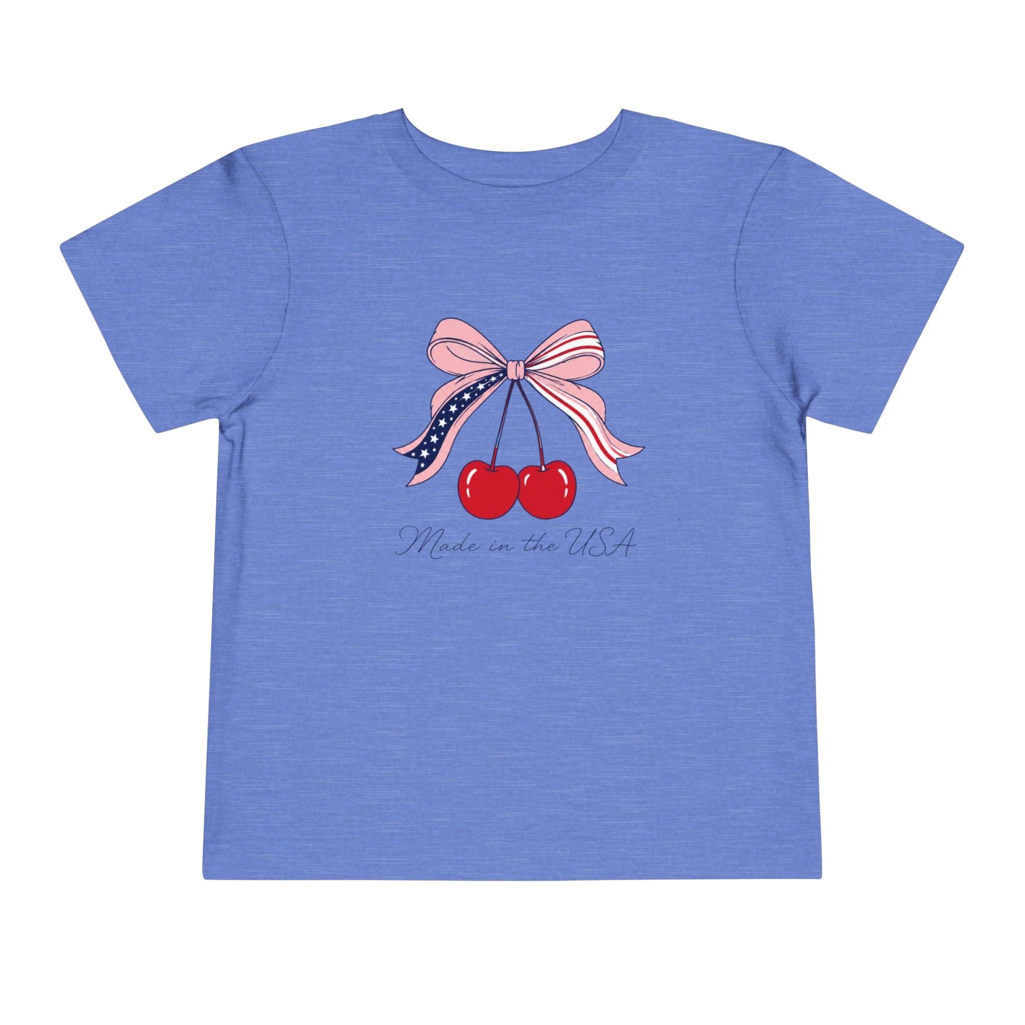 Made in the USA Cherry Tee, Patriotic Red White Blue Shirt, Cute Bow Fruit Graphic Top, Fourth of July Summer Outfit Toddler Short Sleeve Tee