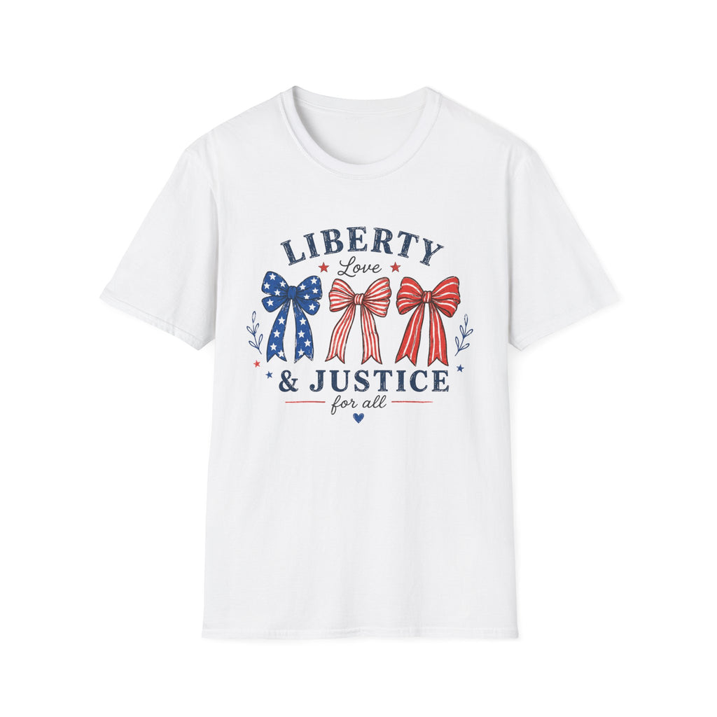 Liberty Love Justice Tee, Patriotic Bows USA Shirt, Red White Blue Graphic Top, American Pride Fourth of July Outfit T-Shirt