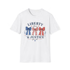 Liberty Love Justice Tee, Patriotic Bows USA Shirt, Red White Blue Graphic Top, American Pride Fourth of July Outfit T-Shirt