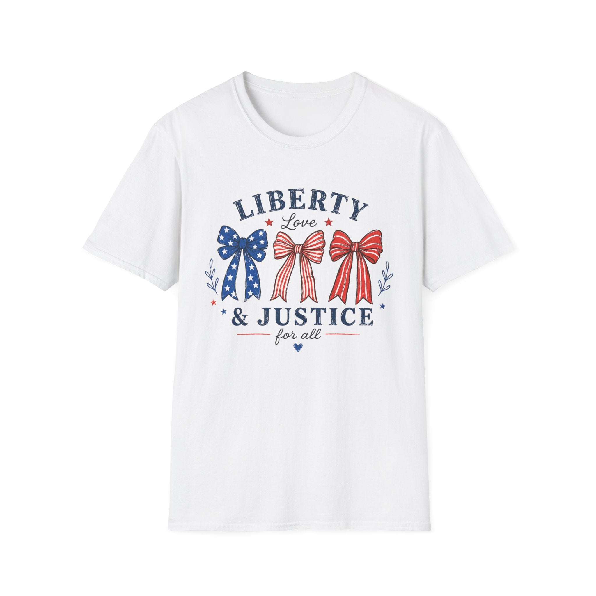 Liberty Love Justice Tee, Patriotic Bows USA Shirt, Red White Blue Graphic Top, American Pride Fourth of July Outfit T-Shirt
