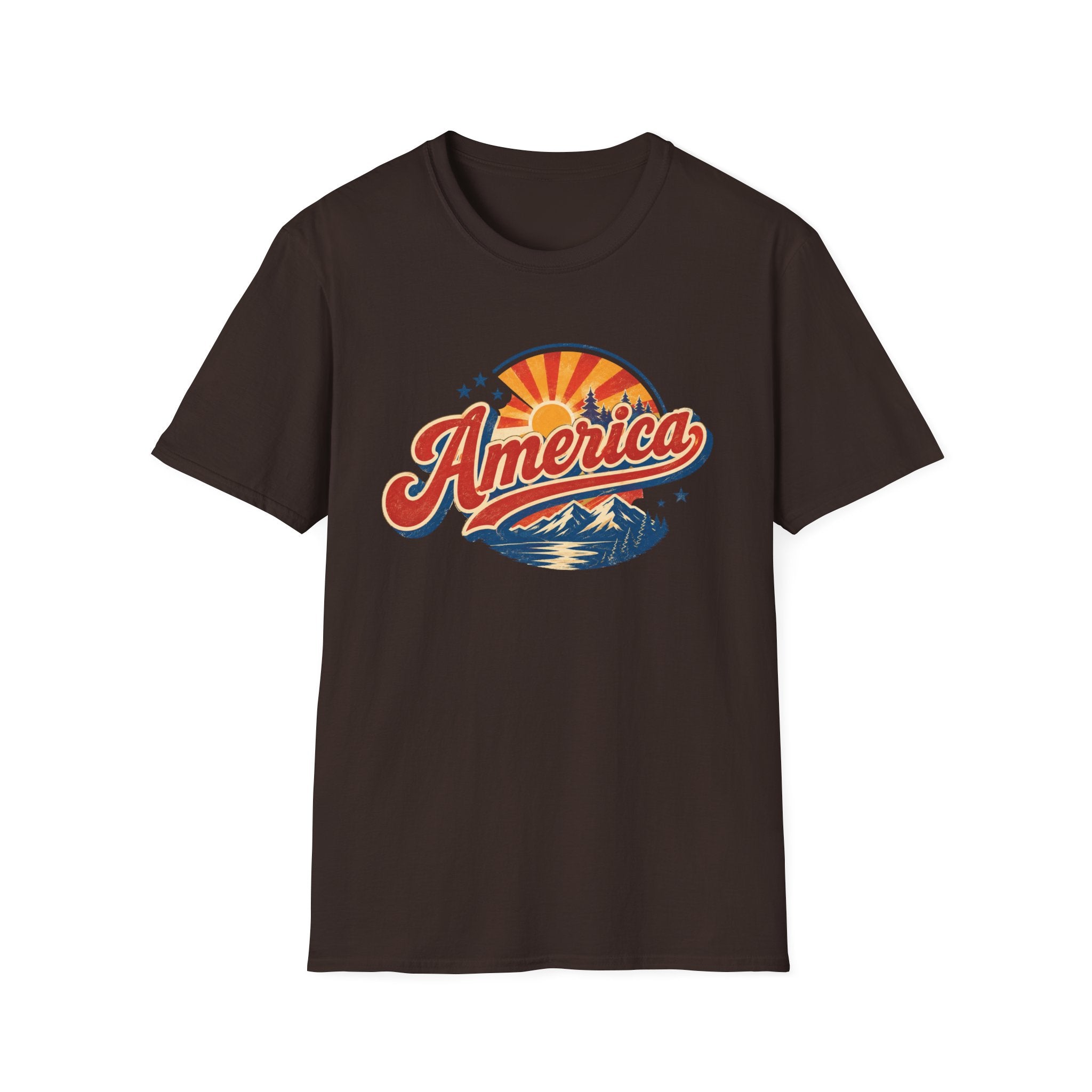 Retro America Shirt 4th of July Vintage Mountain Graphic Tee Sunset Landscape Fourth July Patriotic Stars Nature Lover