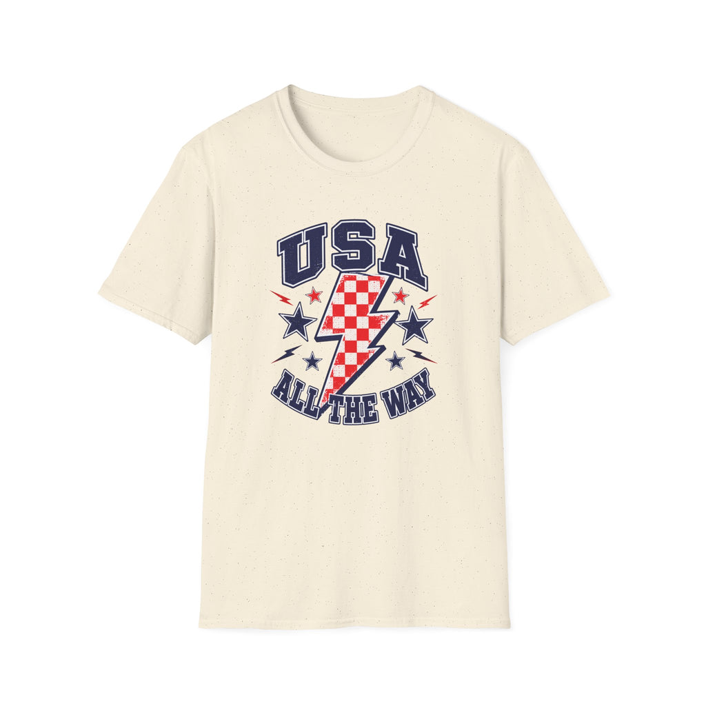 USA All The Way Patriotic T-Shirt, Retro Americana Graphic Tee, Vintage Fourth of July Shirt, Lightning Bolt Checkered Design, Summer Independence Day Apparel T-Shirt