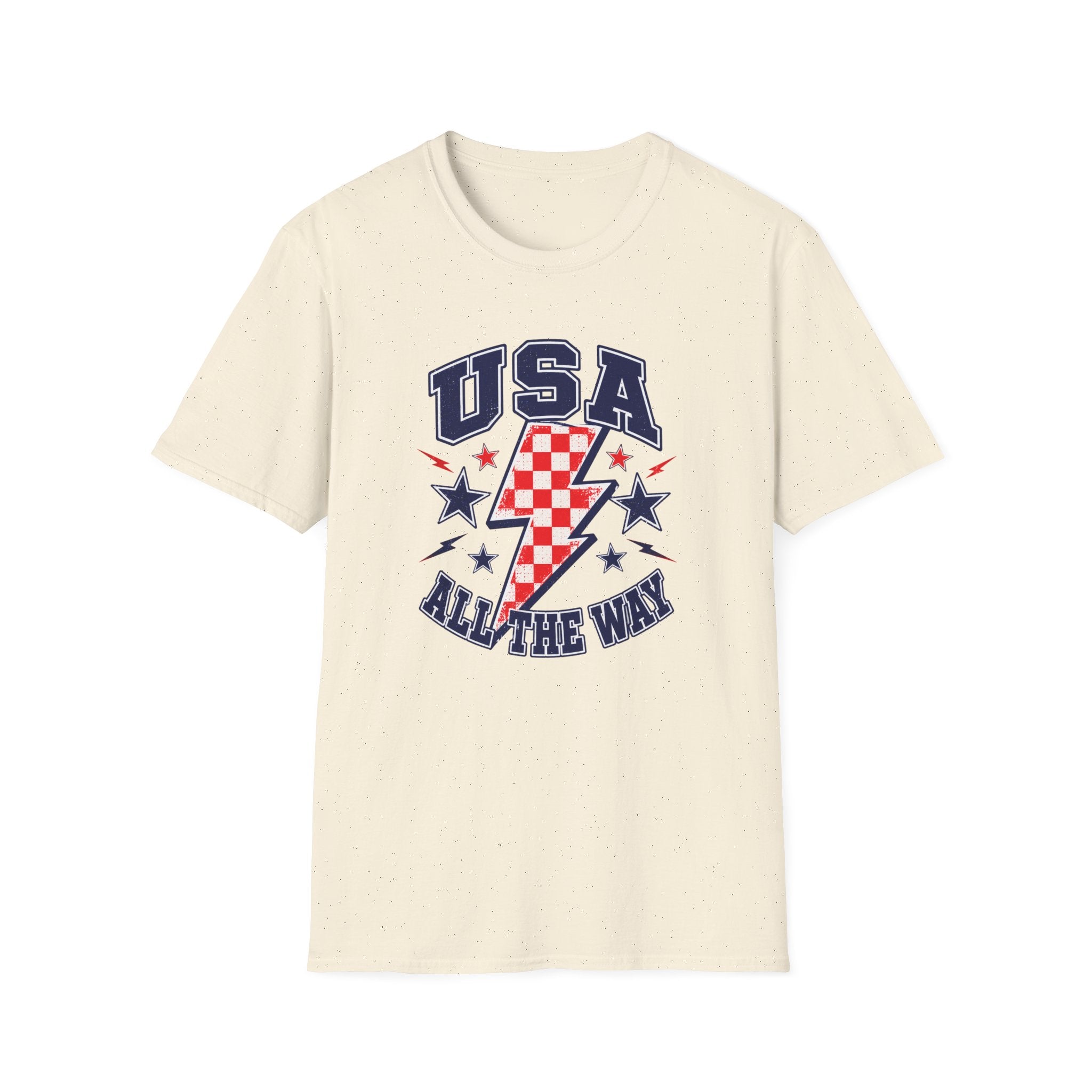 USA All The Way Patriotic T-Shirt, Retro Americana Graphic Tee, Vintage Fourth of July Shirt, Lightning Bolt Checkered Design, Summer Independence Day Apparel T-Shirt