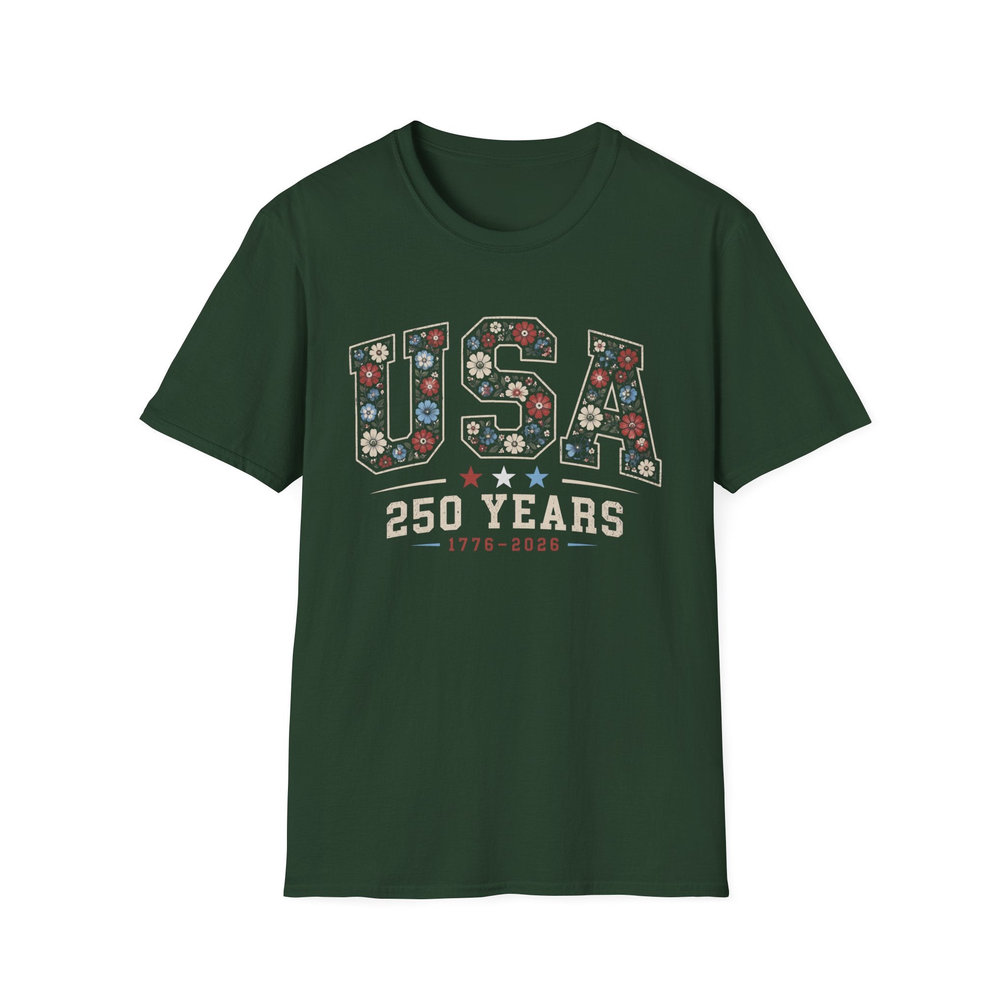 USA 250 Years T-Shirt | Semiquincentennial Patriotic Floral Graphic Tee, 1776 2026 Varsity Block Lettering Top