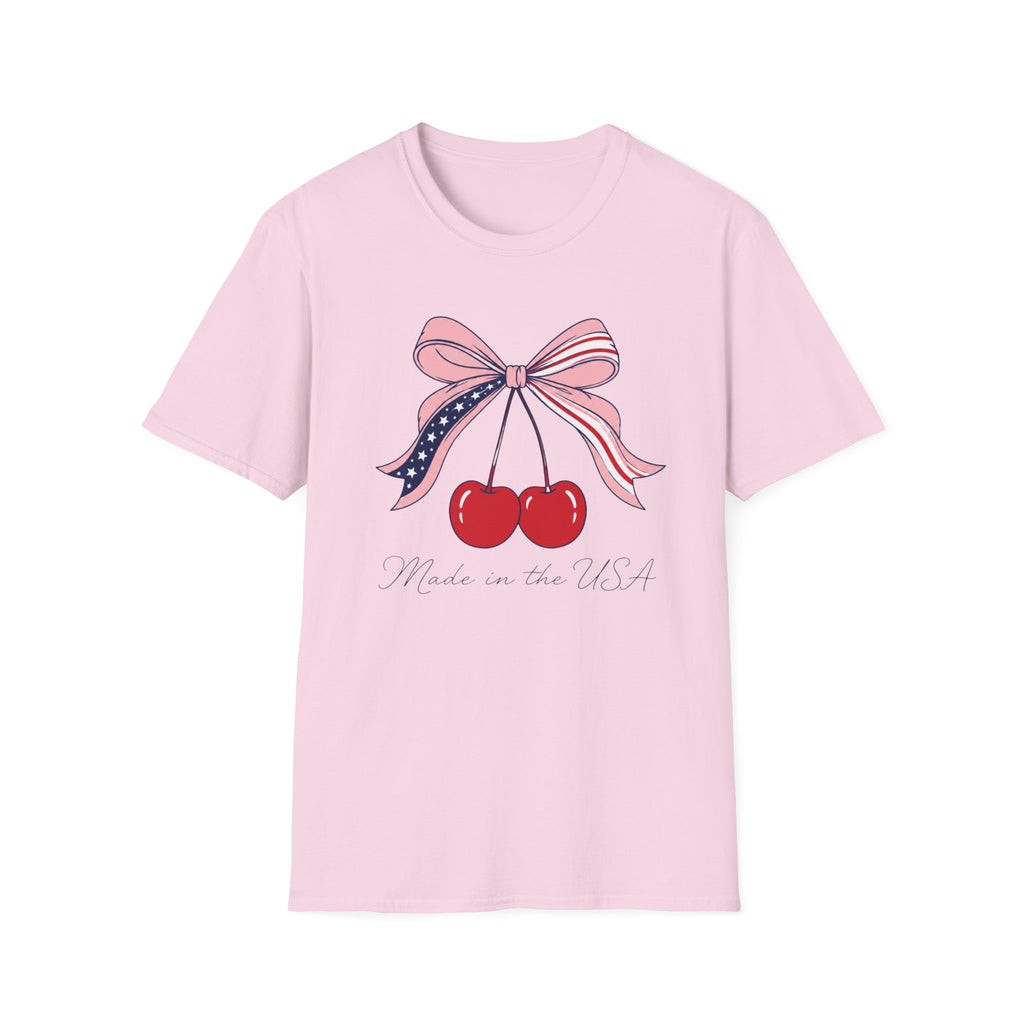 Made in the USA Cherry Tee, Patriotic Red White Blue Shirt, Cute Bow Fruit Graphic Top, Fourth of July Summer Outfit Unisex Softstyle T-Shirt