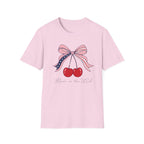 Made in the USA Cherry Tee, Patriotic Red White Blue Shirt, Cute Bow Fruit Graphic Top, Fourth of July Summer Outfit Unisex Softstyle T-Shirt