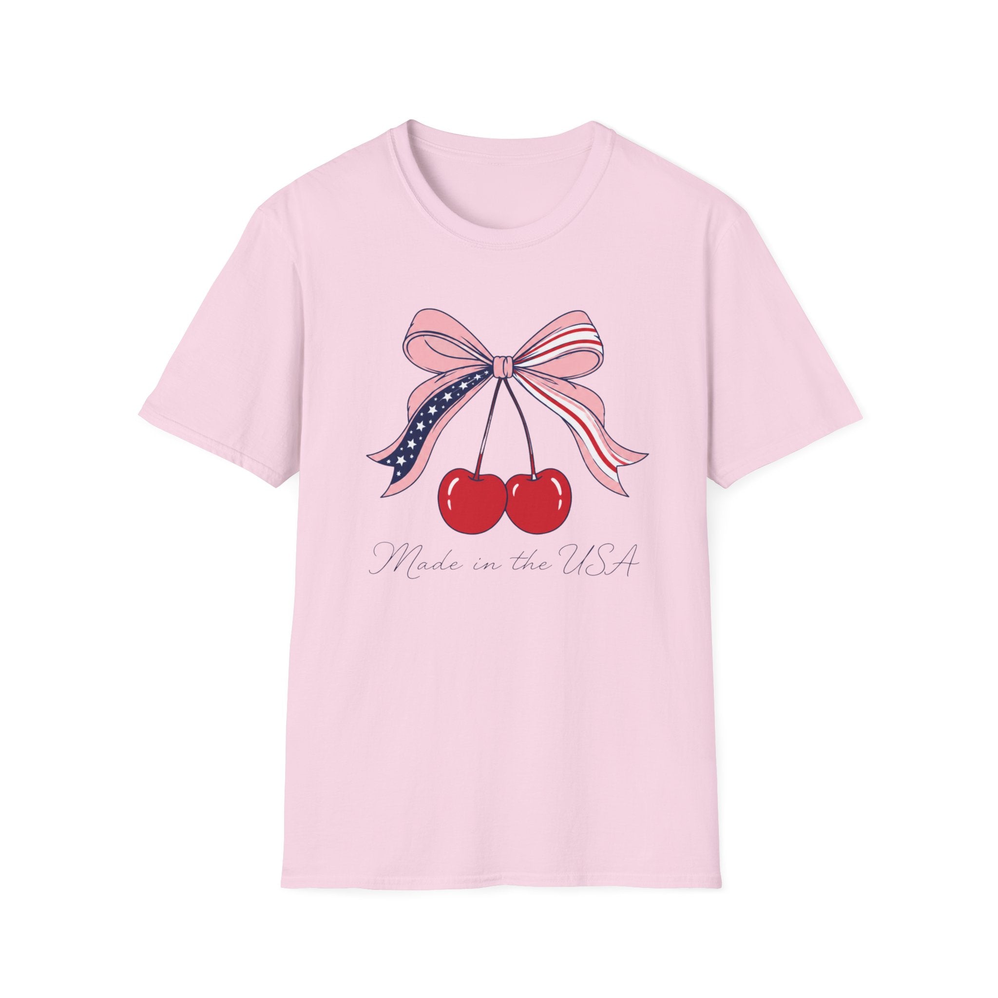 Made in the USA Cherry Tee, Patriotic Red White Blue Shirt, Cute Bow Fruit Graphic Top, Fourth of July Summer Outfit Unisex Softstyle T-Shirt