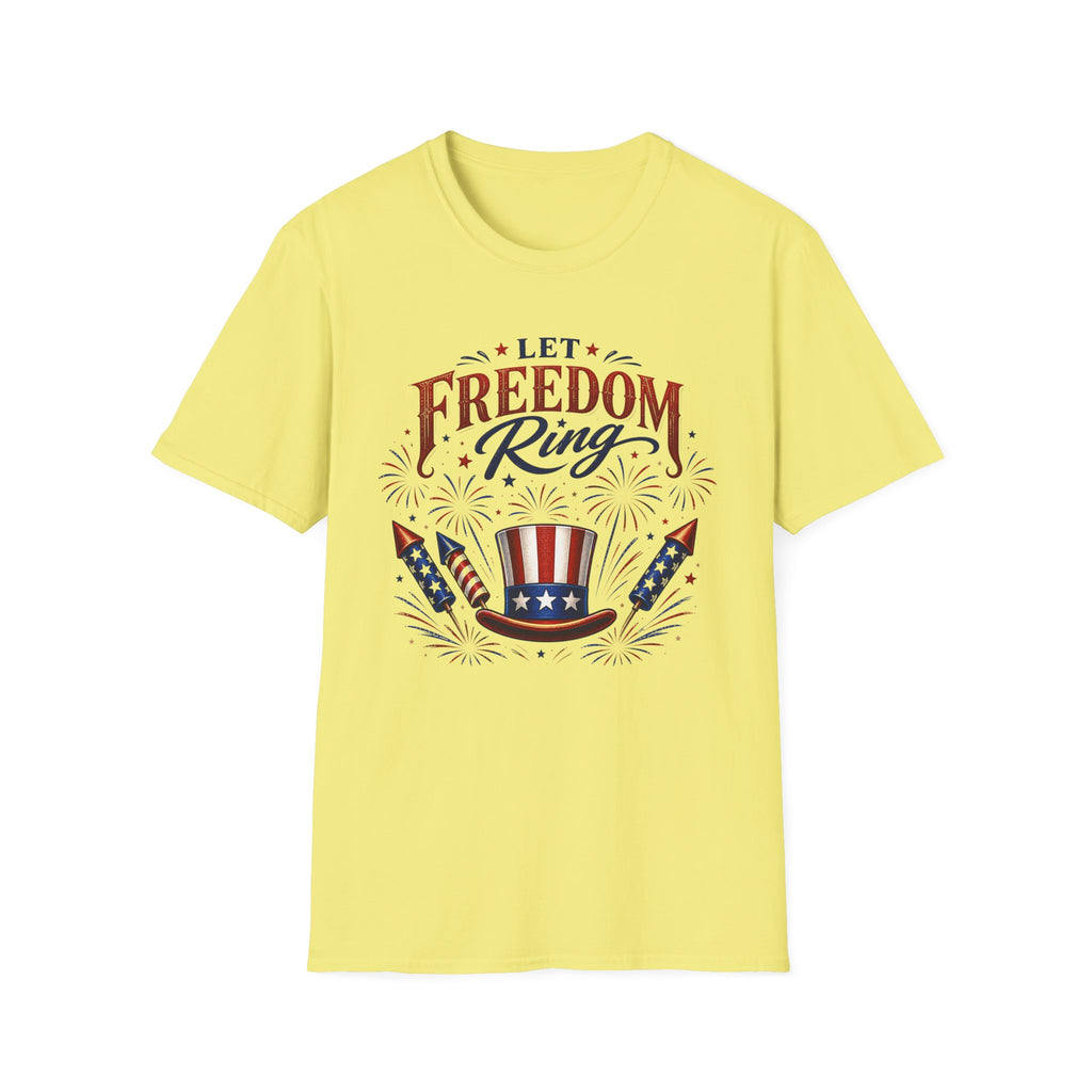 Let Freedom Ring T-Shirt | Patriotic Uncle Sam Hat Graphic Tee, Fourth Of July Charcoal Fireworks Top