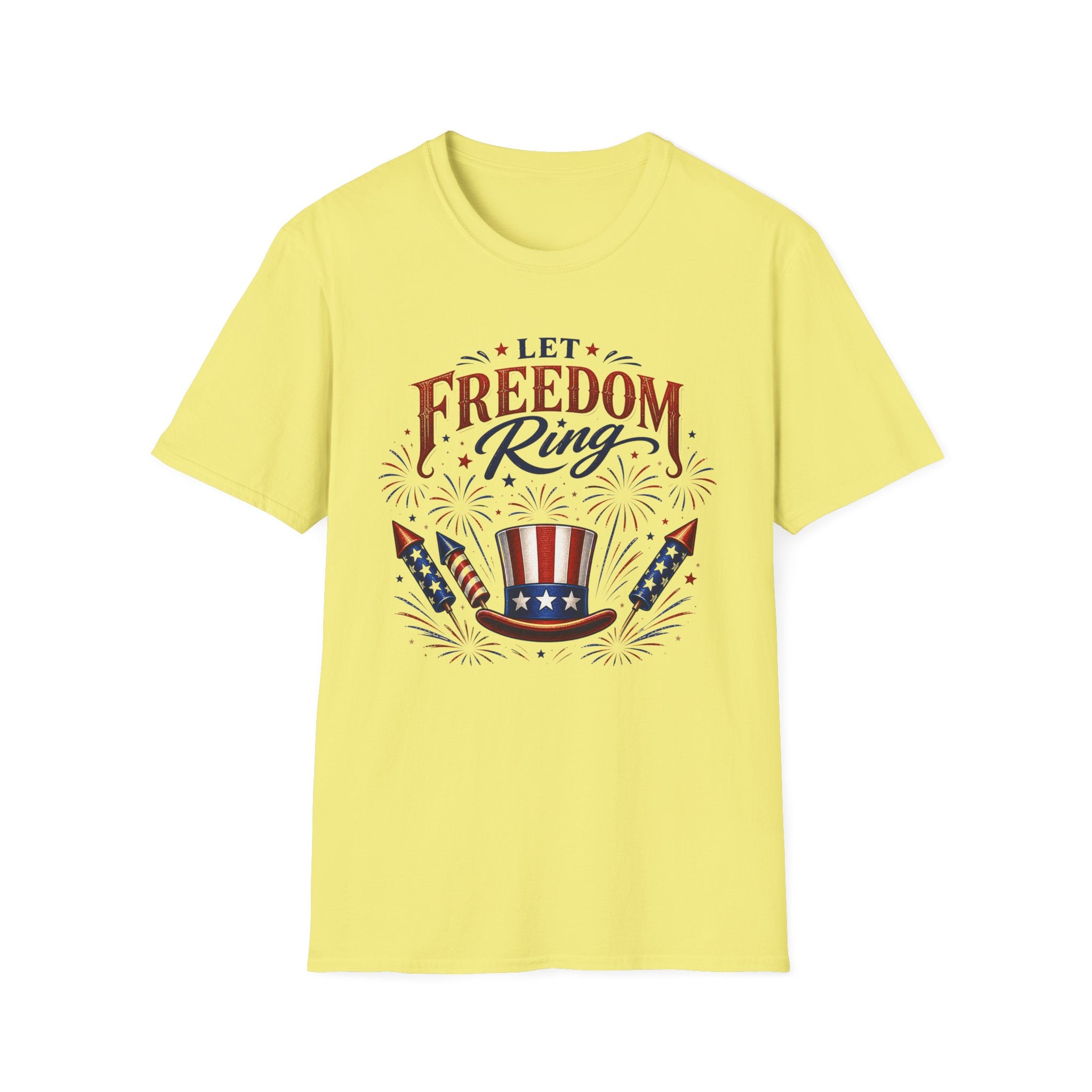 Let Freedom Ring T-Shirt | Patriotic Uncle Sam Hat Graphic Tee, Fourth Of July Charcoal Fireworks Top