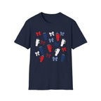 Patriotic Coffee Lover T-Shirt, Americana Bow Graphic Tee, Fourth of July Iced Drink Shirt, Cute Summer Cafe Apparel, Coquette USA Outfit