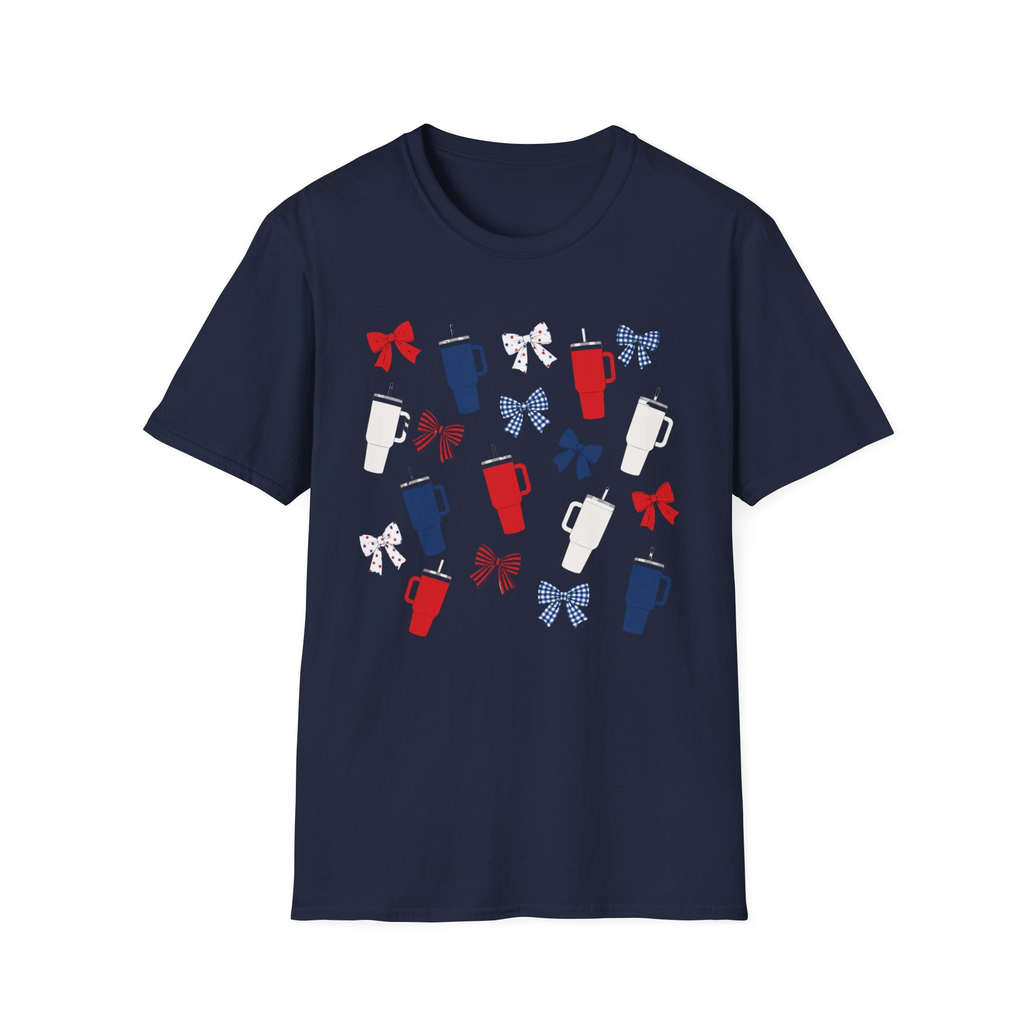 Patriotic Coffee Lover T-Shirt, Americana Bow Graphic Tee, Fourth of July Iced Drink Shirt, Cute Summer Cafe Apparel, Coquette USA Outfit