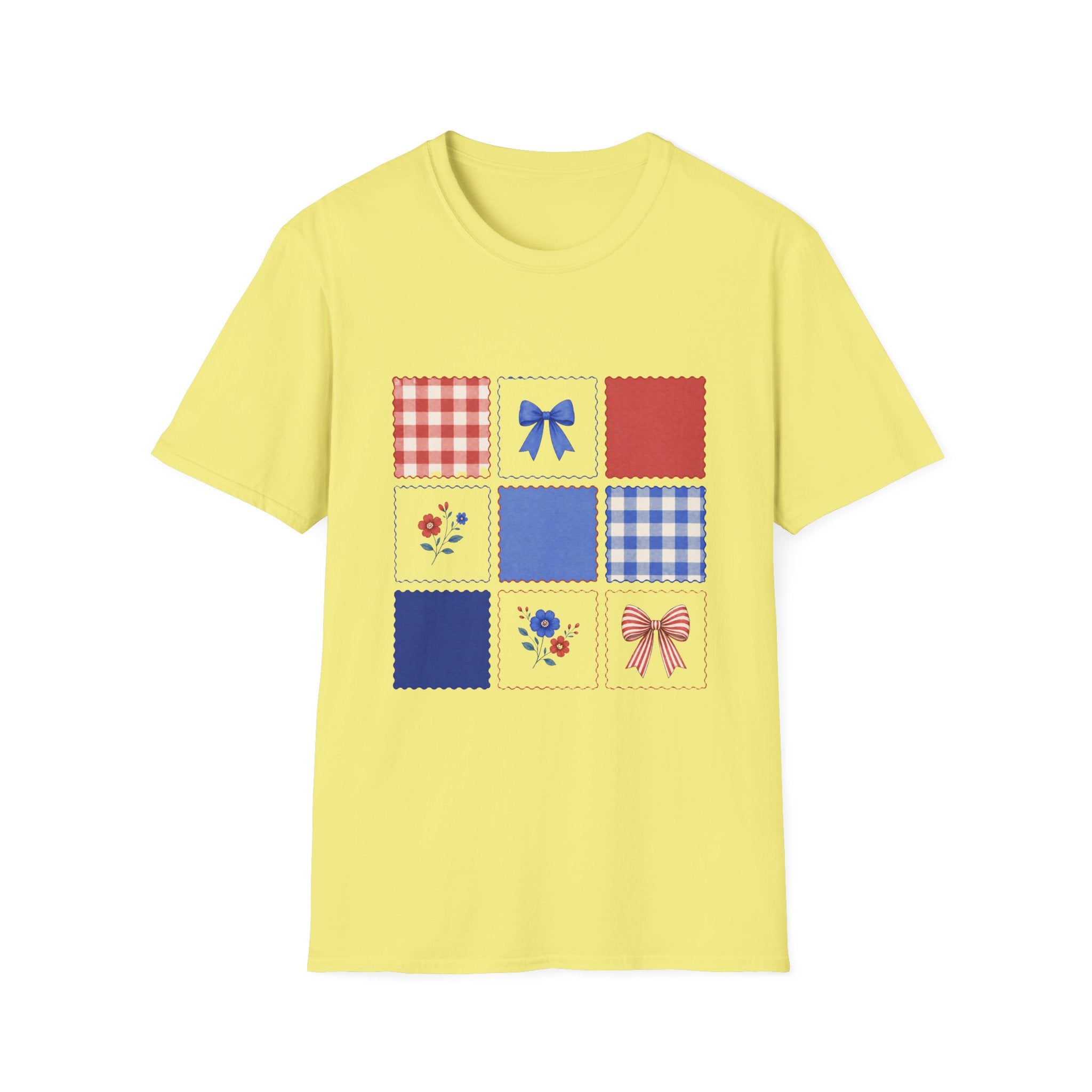 Patriotic Quilt Patch T-Shirt, Coquette Bow Gingham Nine Patch Tee, Cottagecore 4th of July Grid Shirt, Red Blue Floral Folk Quilt Square